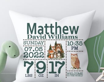 Baby Birth Stat Pillow | Birth Announcement Pillow | Baby Boy Nursery Décor | Baby Gift | Woodland Nursery Theme | 16 & 18 inches