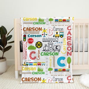 Couverture personnalisée pour bébé | Couverture de train | Couverture prénom personnalisée | Transports | Cadeau baby shower