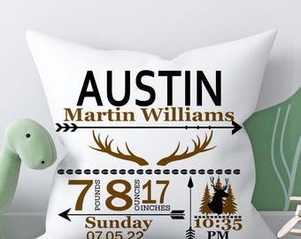 Baby Birth Stat Pillow | Birth Announcement Pillow | Baby Boy Nursery Décor | Baby Gift | Woodland Nursery Theme | 16 & 18 inches