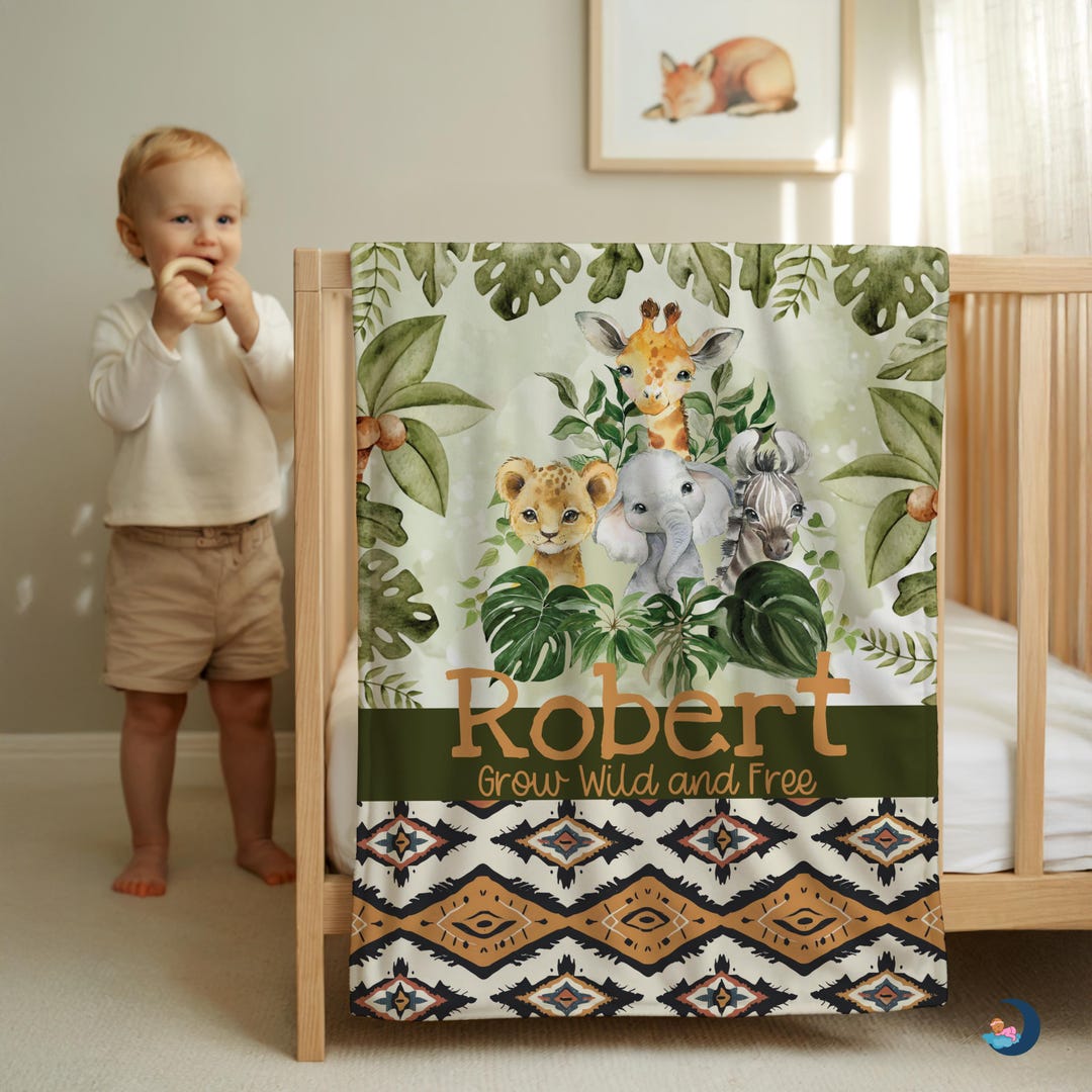 Personalized Safari Baby Blanket | Jungle Animals Nursery Decor - Etsy