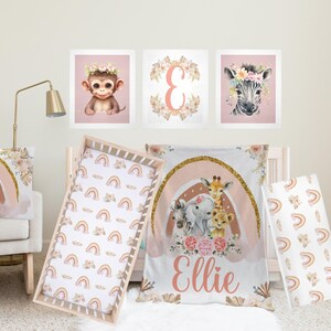 Gepersonaliseerde beddengoedset voor wieg | Regenboog safari beddengoedset | Op maat gemaakte beddengoedset voor babykamers | Boho regenboogsafari kinderkamer | Wiegdeken
