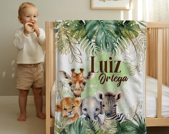 Personalized Safari Baby Blanket | Jungle Animals Nursery Decor