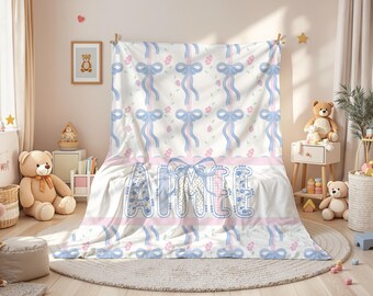 Manta personalizada para bebé / Manta Grandmillennial / Lazos coquetos / Manta estilo preppy / Regalo para baby shower - Niña