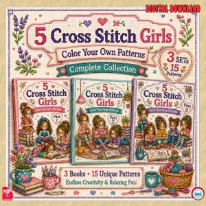 Op de afbeelding: Digitale download van drie kruissteekpatroonboeken "5 Cross Stitch Girls". De boeken tonen meisjes die lezen. De tekst bevat "Color Your Own Patterns" en "Complete Collection". De afbeelding toont ook "3 boeken - 15 unieke patronen".