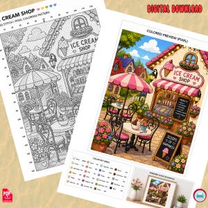 Cozy Ice Cream Shops Cross Stitch Coloring Pages, Pixel Coloring Pattern, Grid Coloring Printable, DMC Color Code, Relaxing Adult Coloring