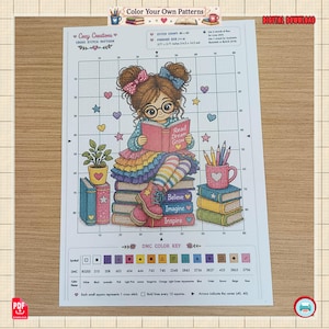 Cross Stitch Girls Coloring Bundle – Pixel Pattern Coloring & Cozy Bookish Pages - Set 0f 3