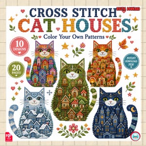 Op de afbeelding: Een digitale PDF-download met kruissteekpatronen van kattenhuizen. De afbeelding toont vier katten met lichamen die zijn samengesteld uit verschillende huisontwerpen, waaronder besneeuwde, bos- en dorpsthema's, met de tekst CROSS STITCH CAT HOUSES.