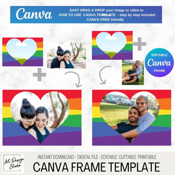 Heart Canva Frame RAINBOW Drag & Drop LGBT  Love Portrait CANVA Frame Template Wedding Photo Canva Free friendly Shower Bff Commercial Use