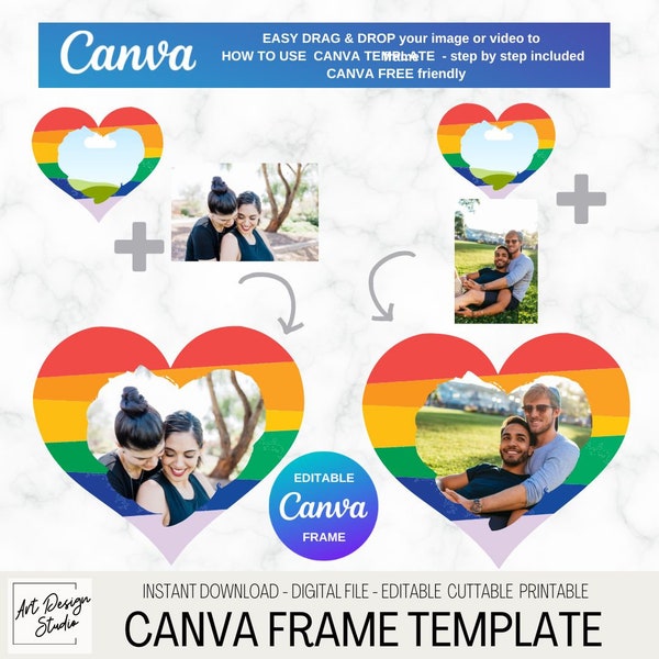 RAINBOW Heart Canva Frame Drag & Drop Love Portrait CANVA Frame Template LGBT Wedding Photo Canva Free friendly Shower Bff Commercial Use