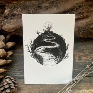 Cartão postal “caminho” - Impressão artística DINA6, Dark Art, ilustração p/b, vida e morte, cemitério, gótico, vibrações de bruxa, estética dark