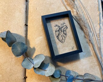 Small original ink drawing with frame “tiny hearts IX” - mini artwork, hand drawing anatomical heart, gift, dark academia