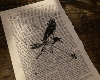 Art print “Vogelfrei” on old book page - upcycling, illustration, Dark Academia, Cottage core, witchy vibes, crow, arrow