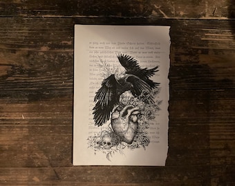 Art print “Rabenherz” on old book page - art print approx. A5, upcycling, illustration, Dark Academia, raven, crow, heart, witchy vibes