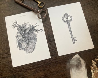 Postcard set “Hearts pt. I”, 2 cards A6, b/w illustration, heart, forest, nature love, fern, mushrooms, lock and key, dark academia