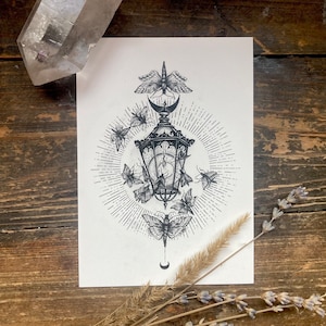 Postkarte “Motten zum Licht” - Kunstdruck DINA6, Dark Art, s/w Illustration, Dark Academia, Laterne, Nachtfalter, witchy, dunkle Ästhetik