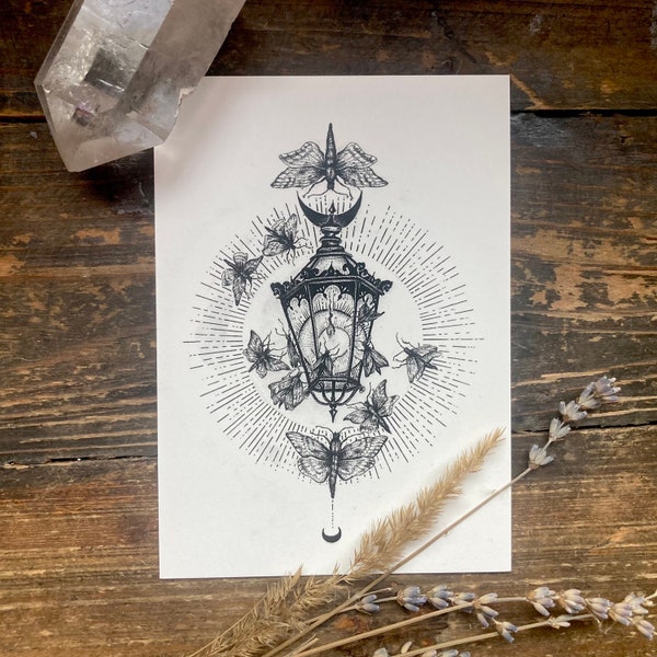 Postcard “Moths to the light” - art print DINA6, dark art, b/w illustration, dark academia, lantern, moth, witchy, dark aesthetic