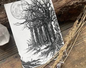 Postcard “into the woods” - art print DINA6, fairytale forest, dark art, witchy vibes, dark cottagecore aesthetics, b/w illustration