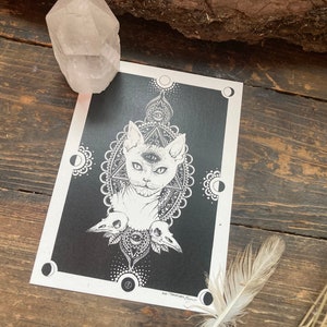 Postcard “mysticat” - art print cat, DINA6, b/w illustration, Dark Academia, Mandala Art, witchy vibes, spiritual, third eye chakra