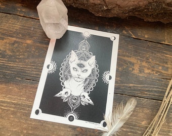 Postcard “mysticat” - art print cat, DINA6, b/w illustration, Dark Academia, Mandala Art, witchy vibes, spiritual, third eye chakra