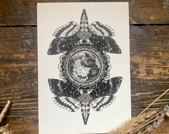 Postcard “Mottiversum” - art print butterfly, DINA6, b/w illustration, moth universe, mandala art, starry sky, dark academia aesthetics