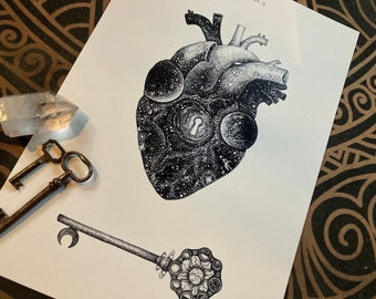 Art print “Hearts pt. II”, Din A3, illustration, anatomical heart, universe, love, stars, planets, lock, key, dark academia