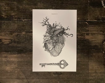 Art print “Hearts pt. I”, A5, b/w illustration, anatomical heart, forest, nature love, fern, mushrooms, lock and key, dark academia