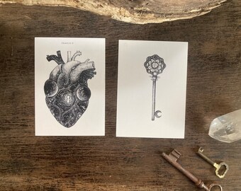 Postcard set “Hearts pt. II”, 2 cards A6, b/w illustration, universe, stars, love, astrology, lock and key, dark academia