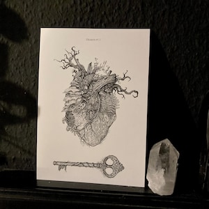 Kunstdruck „Hearts pt. I“ - waldherz, A5, illustration, anatomisches Herz, Wald, Natur Liebe, Farn, Pilze, Schloss, Schlüssel, dark academia