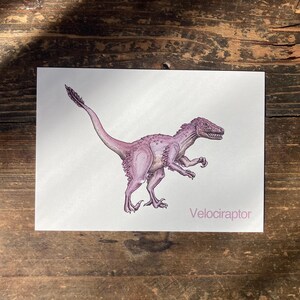 V - Alphabet-Postkarte “Velociraptor” - Kunstdruck Dinosaurier A6, Aquarell, Kinder Illustration, Lernkarte, ABC, Buchstaben, Postkarte