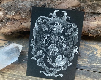 Postcard “drowning” - art print mermaid skeleton, DINA6, mermaid, bones, death, dark art, b/w illustration, ocean, dark academia aesthetics