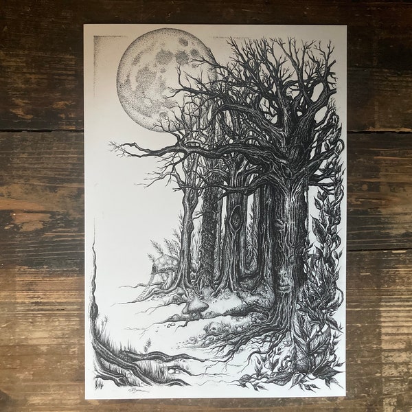 Kunstdruck “into the woods” - A5 A4 A3, s/w Illustration, Märchenwald, Dark Art, witchy vibes, Dark Cottagecore Ästhetik