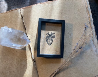 Small original ink drawing with frame “tiny hearts X” - mini artwork, hand drawing anatomical heart, gift, dark academia