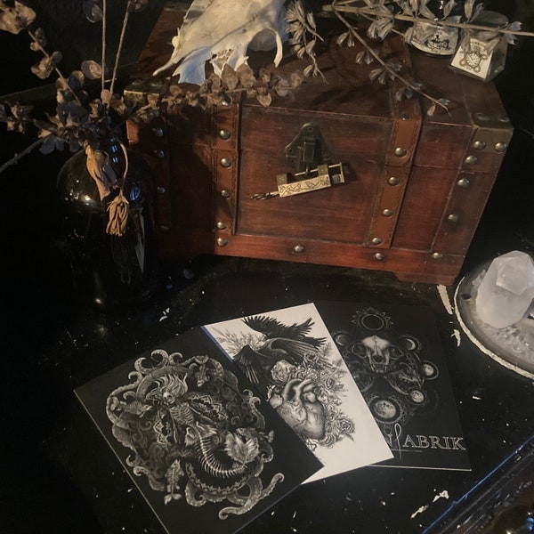 Postkartenset dark - 3 düstere Kunstdrucke auf DINA6, verschiedene Motive, Illustration, Dark academia, witchy vibes Ästhetik, spooky, goth