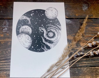 Postcard “Universe” - planets, starry sky, greeting card, astrology, stars, dark academia, illustration, art print DINA6