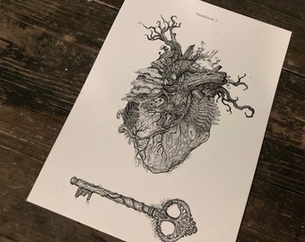 Art print “Hearts pt. I”, Din A3, b/w illustration, anatomical heart, forest, nature love, fern, mushrooms, lock and key, dark academia