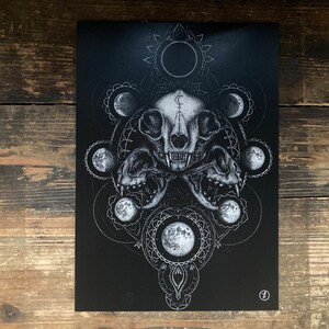 Kunstdruck “Lilith” - A5 A4 A3, Vollmond, Dark Art, s/w Illustration, Katzenschädel, Dark academia, witchy, spirituell, Astrologie