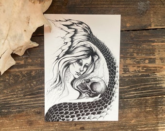 Postcard “mermaid” - mermaid, art print DINA6, mermaid, dark art, b/w illustration, tattoo art, ocean, maritime, witchy vibes aesthetic
