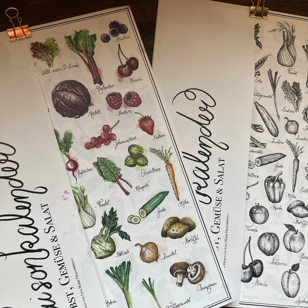 Saisonkalender mit regionalem Obst, Gemüse & Salat - wiederverwendbarer, nachhaltiger Wandkalender, von Hand illustriert, vintage Ästhetik