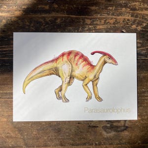 P - Alphabet-Postkarte “Parasaurolophus” - Kunstdruck Dinosaurier A6, Aquarell, Kinder Illustration, Lernkarte, ABC, Buchstaben, Postkarte
