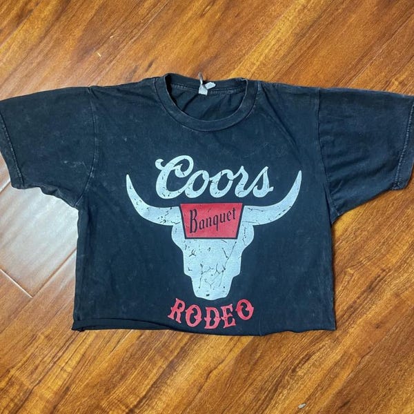 Coors Banquet Crop Top – Black Vintage Rodeo Shirt | Western Bull Skull Graphic Tee, Country Girl Outfit, Distressed Beer Shirt