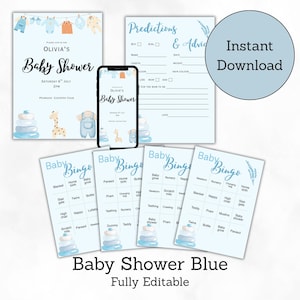 Lot imprimable jeux de fête pour baby shower, invitation, bingo, prédictions, téléchargement immédiat et personnalisable, thème bleu bébé garçon