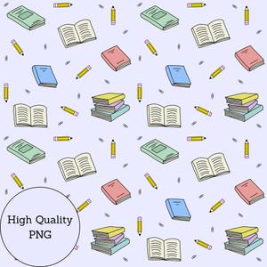 Modello senza soluzione di continuità per la scuola di libri, disegno ripetuto per l'apprendimento in classe, carta digitale a matita, sfondo carino e femminile, 12x12 pollici 300 DPI PNG