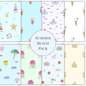 Paquete de patrones sin costuras de playa de verano, 8 PNG descarga instantánea, 12 x 12 pulgadas, 300 DPI, paquete de papel digital, fondos, barcos, conchas, dibujado a mano