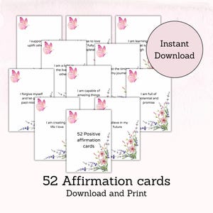 Paquete de 52 tarjetas de afirmaciones positivas (PDF digital o imprimible). Citas inspiradoras y útiles para la autoestima, la confianza, el autocuidado y el amor propio.