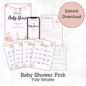 Lot imprimable jeux de fête pour baby shower, invitation, bingo, prédictions, téléchargement immédiat et personnalisable, thème bébé fille rose