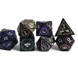 Ancient Galaxy Rainbow Metal dice inlay dice set DnD roleplay D20 faux stone metal dice set full set multi color sparkles