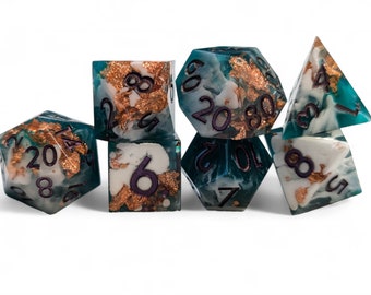 Mountain dreams green white copper foil sharp edge resin dice set  purple numbers gold DnD roleplay D20