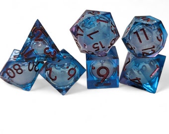 Purple Blue Liquid core dice set sharp resin DnD roleplay D20 glitter filled magenta numbering