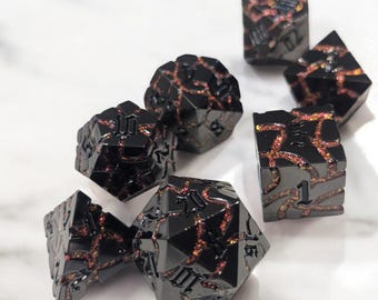 Volcanic Rage Metal Dice Set, Red Sparkle Cracks, DnD