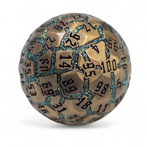 May include: A bronze-colored, spherical die with a textured surface and black numbers. The die has teal-colored accents in the crevices and is numbered from 1 to 100. A unique gaming accessory.